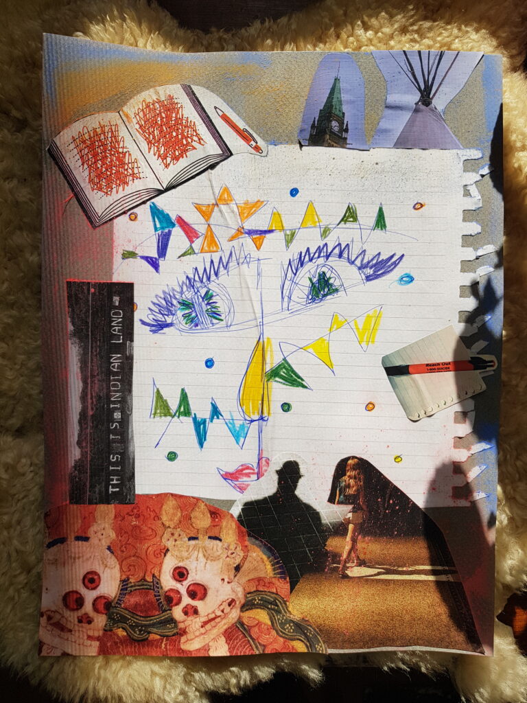 A hand drawn self portrait sits in the centre of this collage. Images cut-out from a magazine are positioned around the self-portrait. One of these images is a photograph of a bridge with the words "This is Indian Land" spray-painted on the side.