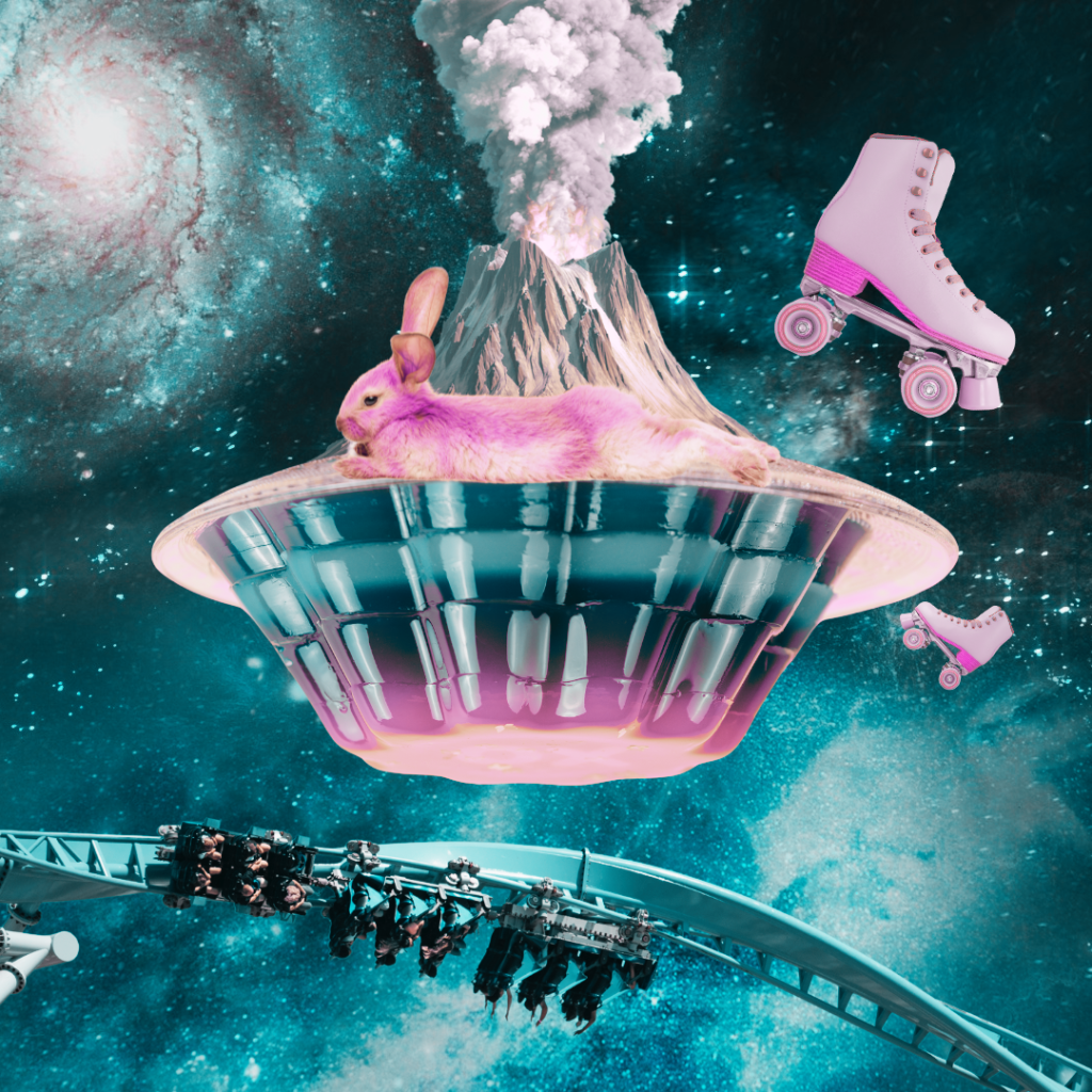 Set in space, this collage features a topsy-turvy rollercoaster at the bottom of the frame. Above it, a sort of jelly mold faces downwards. A smoking volcano appears to sprout out of the jelly cake thing. Two rollerskates hang in the balance.