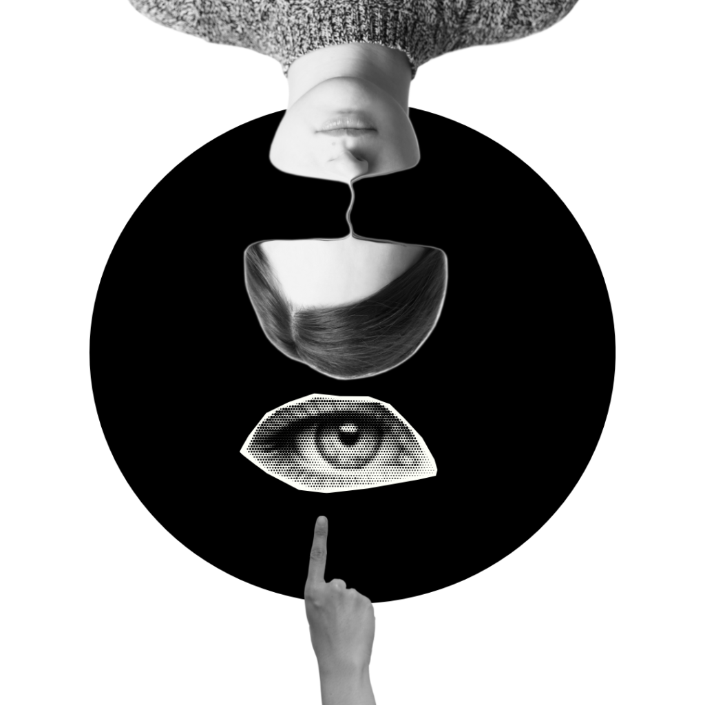 A finger points upwards. Balanced on top of the pointing finger is a cut-out of an eye. Stacked on top of the eye is an image of a femme person, sans eyes. The background for the image is white with a black circle positioned in the middle of the image, behind the stack.